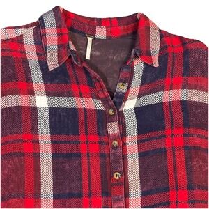 Free People Easy Street Plaid Red Flannel Button-Up Shirt Size Small Oversized